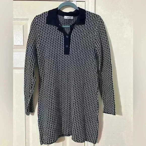 Zara All Over Logo Print Collar Mini Dress Blue Longsleeve Knit Sweater - Picture 1 of 7